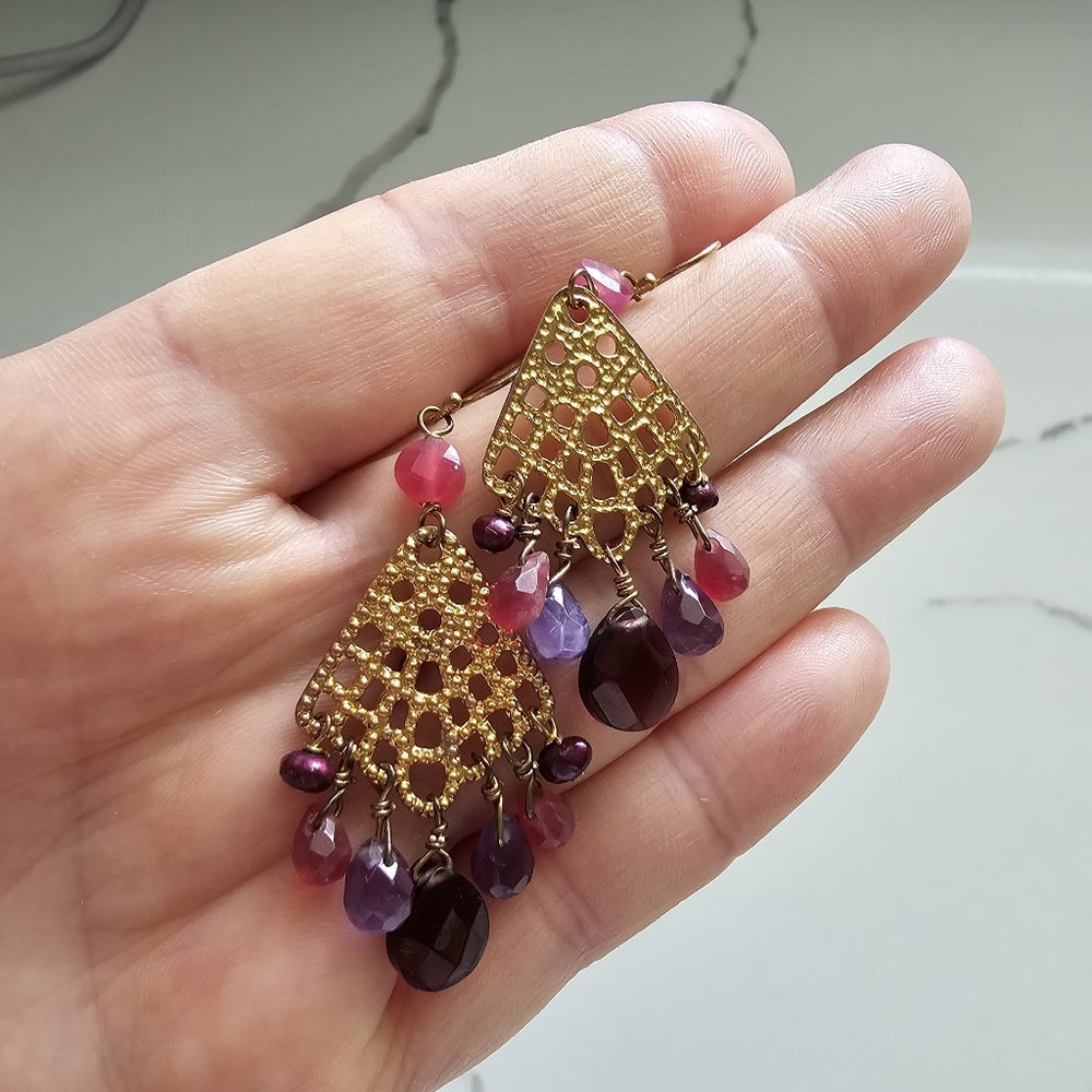 Boho Chandelier Earrings Garnet Amethyst Style Gold Tone Dangle